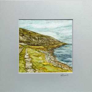 Artistic depiction of a coastal landscape with cliffs and water on a gray background