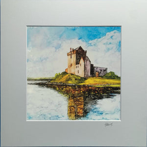 Artistic depiction of a castle by a lake with a blue sky and white clouds.