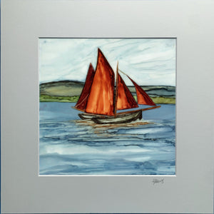 Painting of sailboats with red sails on a water scene
