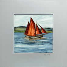 Load image into Gallery viewer, Painting of a sailboat with red sails on a gray background