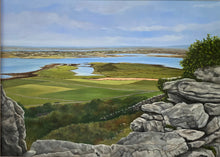 Load image into Gallery viewer, Blue sky, distant land with sea, patchwork of fields from a high vantage point