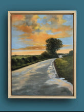 Load image into Gallery viewer, Framed painting of a sunset over a road with trees, on a blue background