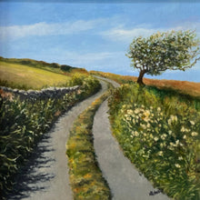Load image into Gallery viewer, Painting of a winding road through a countryside landscape with a tree and flowers.