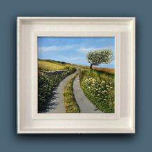 Load image into Gallery viewer, Framed painting of a landscape with a path and tree on a blue background
