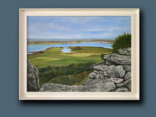 Load image into Gallery viewer, Blue sky, distant land with sea, patchwork of fields from a high vantage point
