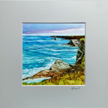 Load image into Gallery viewer, Artistic depiction of a coastal scene with rocks and water, framed in gray.