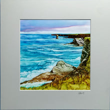 Load image into Gallery viewer, Artistic depiction of a coastal scene with water, rocks, and a dock.