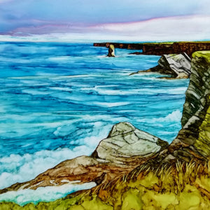 Artistic depiction of a coastal scene with rocks and water.