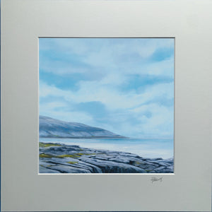 Scenic painting of a coastal landscape with a blue sky and rocky terrain.