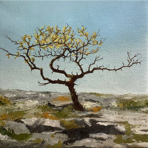 Painting of a lone tree with sparse foliage on a rocky landscape.