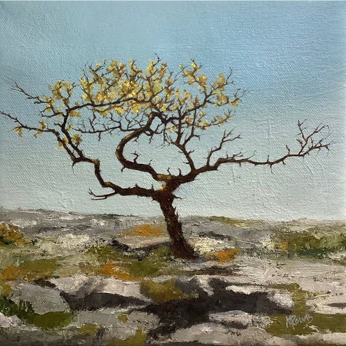Painting of a lone tree with sparse foliage on a rocky landscape.