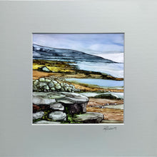 Load image into Gallery viewer, Artistic depiction of a landscape with mountains and a lake on a gray background