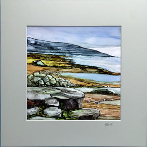Artistic depiction of a landscape with mountains and stones on a gray background