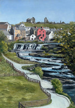 Load image into Gallery viewer, A painted landscape scene showing a small village with a prominent red house, a waterfall, a winding path, and trees under a blue sky.