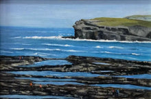 Load image into Gallery viewer, Coastal scene with cliffs, ocean waves, and people on a rocky shore.