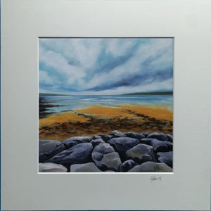 Painting of a coastal scene with rocks, water, and sky.