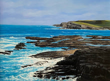 Load image into Gallery viewer, Coastal scene with rocky cliffs and blue ocean under a cloudy sky