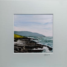 Load image into Gallery viewer, Artistic depiction of a coastal scene with waves and cliffs on a light gray background