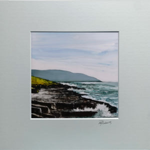 Artistic depiction of a coastal scene with waves and cliffs on a light gray background