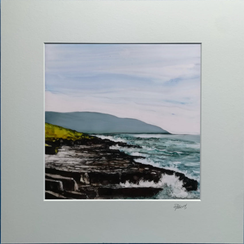 Artistic depiction of a coastal scene with waves crashing against rocks, framed in gray.