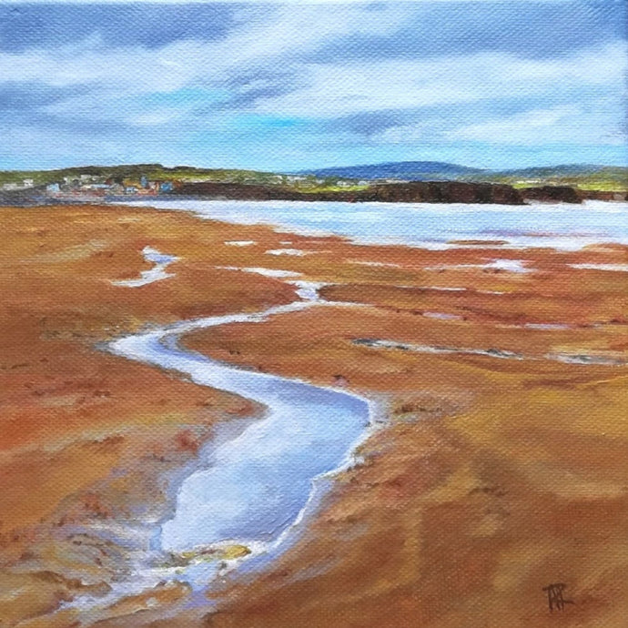 Painting of a river flowing through a landscape with brown earth and blue sky.