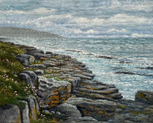 Load image into Gallery viewer, An oil painting of a rocky coastal shoreline with waves, a cloudy sky, and a distant hillside under a blue-gray sky.