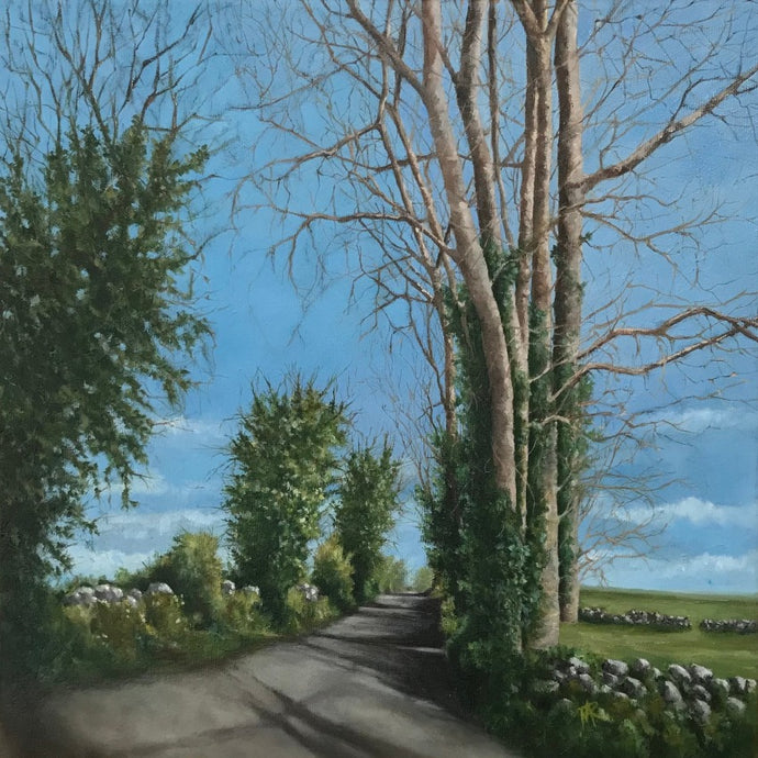 irish art, counrty roads, trees, oil painting, mary roberts artist