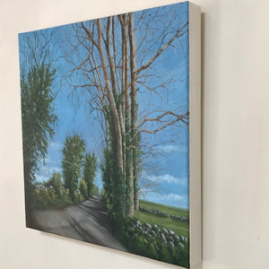 irish art, counrty roads, trees, oil painting, mary roberts artist